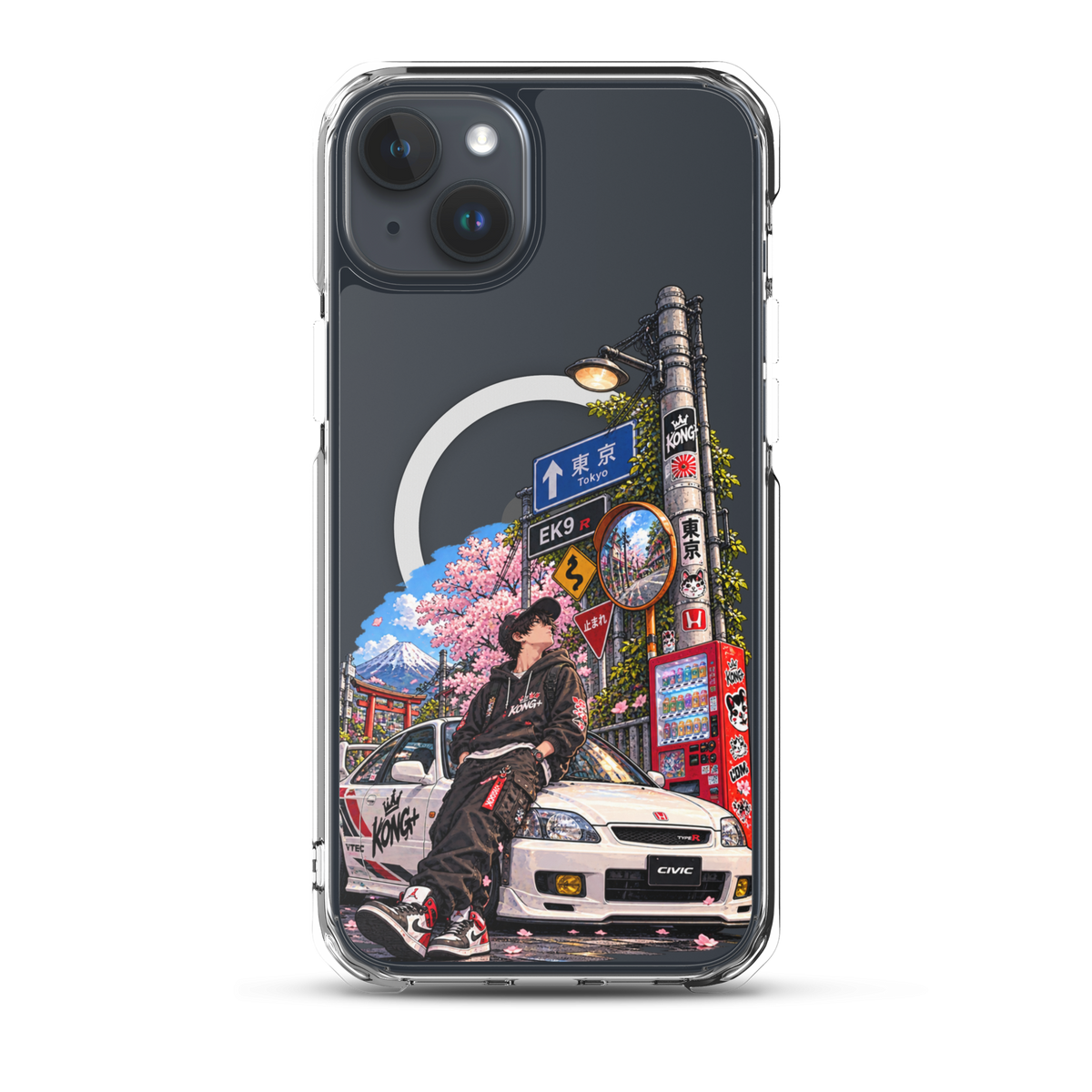 Tokyo Street Soul JDM iPhone case with Japanese street, cherry blossom and Honda Civic design