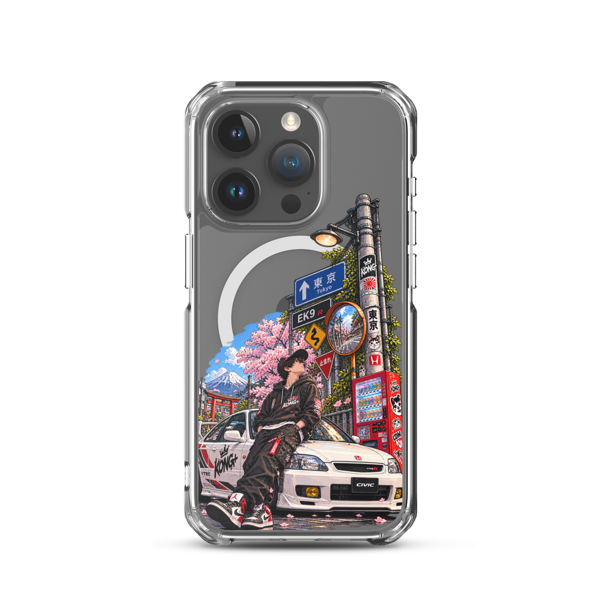Tokyo Street Soul JDM iPhone case with Japanese street, cherry blossom and Honda Civic design