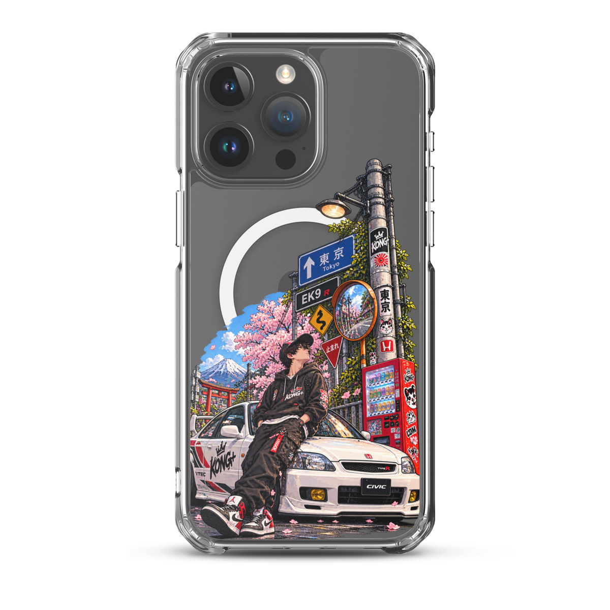 Tokyo Street Soul JDM iPhone case with Japanese street, cherry blossom and Honda Civic design