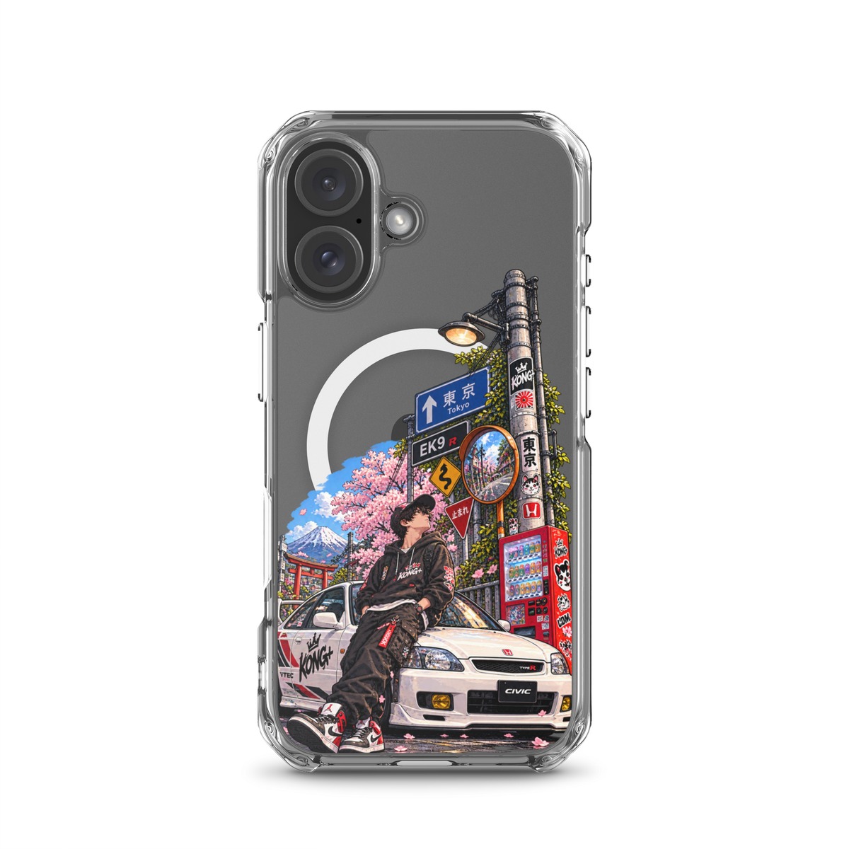 Tokyo Street Soul JDM iPhone case with Japanese street, cherry blossom and Honda Civic design