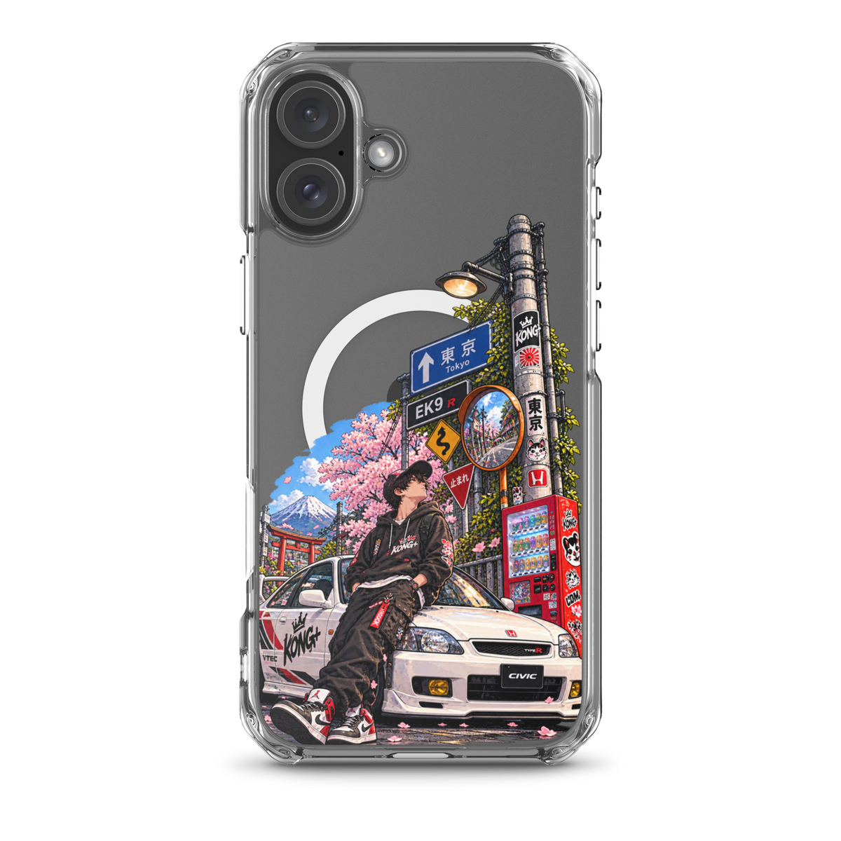 Tokyo Street Soul JDM iPhone case with Japanese street, cherry blossom and Honda Civic design