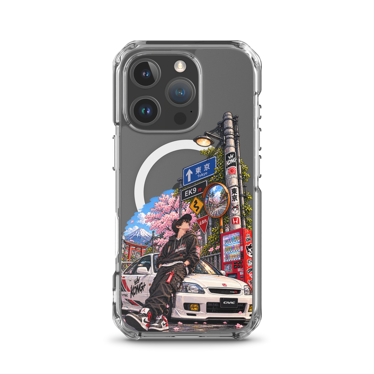 Tokyo Street Soul JDM iPhone case with Japanese street, cherry blossom and Honda Civic design
