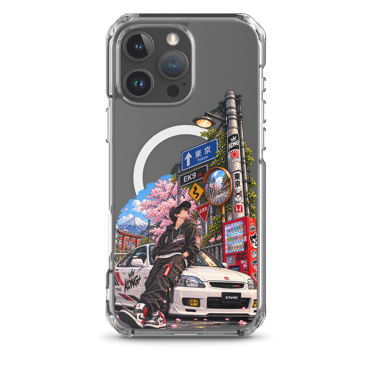 Tokyo Street Soul JDM iPhone case with Japanese street, cherry blossom and Honda Civic design