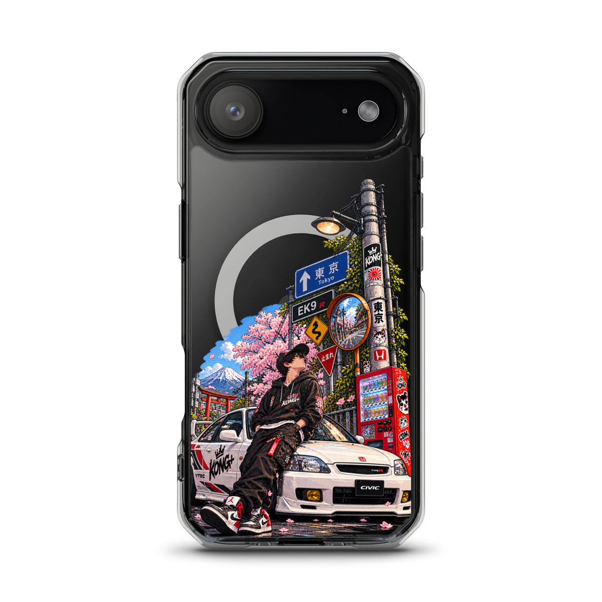 Tokyo Street Soul JDM iPhone case with Japanese street, cherry blossom and Honda Civic design