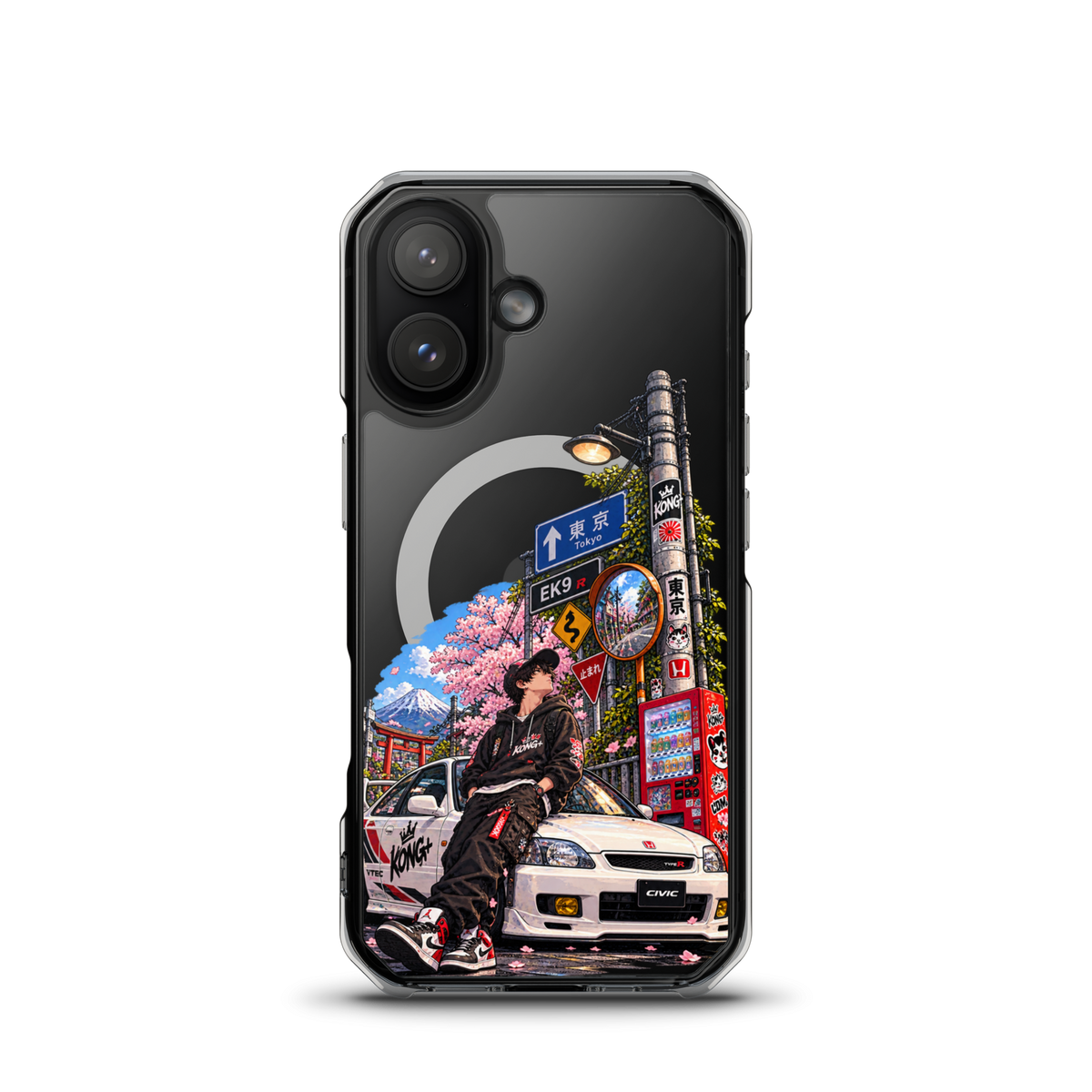 Tokyo Street Soul JDM iPhone case with Japanese street, cherry blossom and Honda Civic design