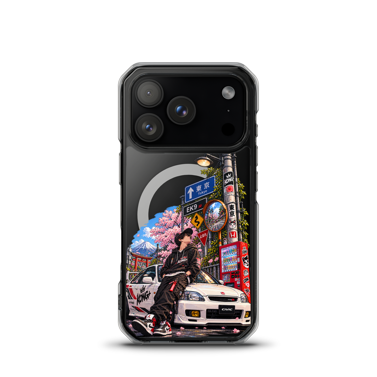 Tokyo Street Soul JDM iPhone case with Japanese street, cherry blossom and Honda Civic design