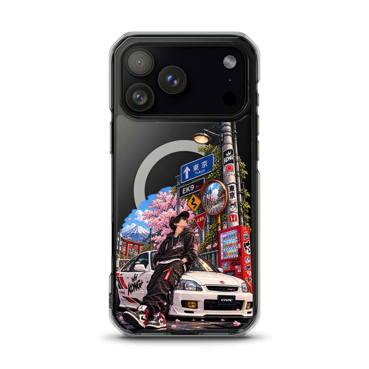 Tokyo Street Soul JDM iPhone case with Japanese street, cherry blossom and Honda Civic design