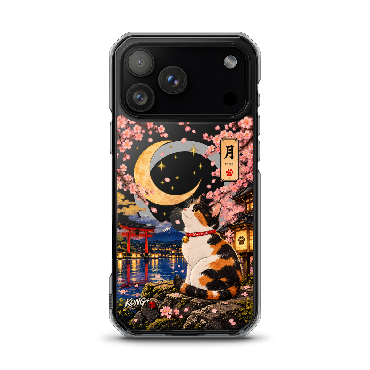 Tsuki Japanese cat MagSafe iPhone case featuring a calico cat, golden crescent moon, pink cherry blossoms and Mount Fuji by KONG+.